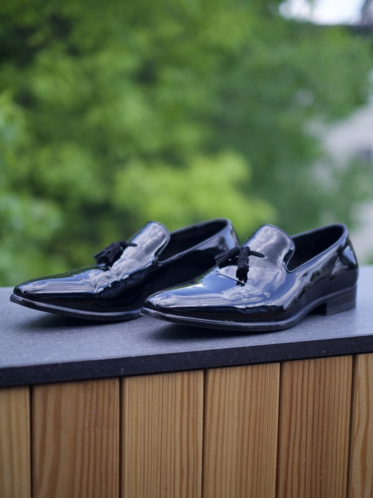 Stacy Adams Phoenix Plain Toe Tassel Slip On Men’s Dress Shoes - Black Patent